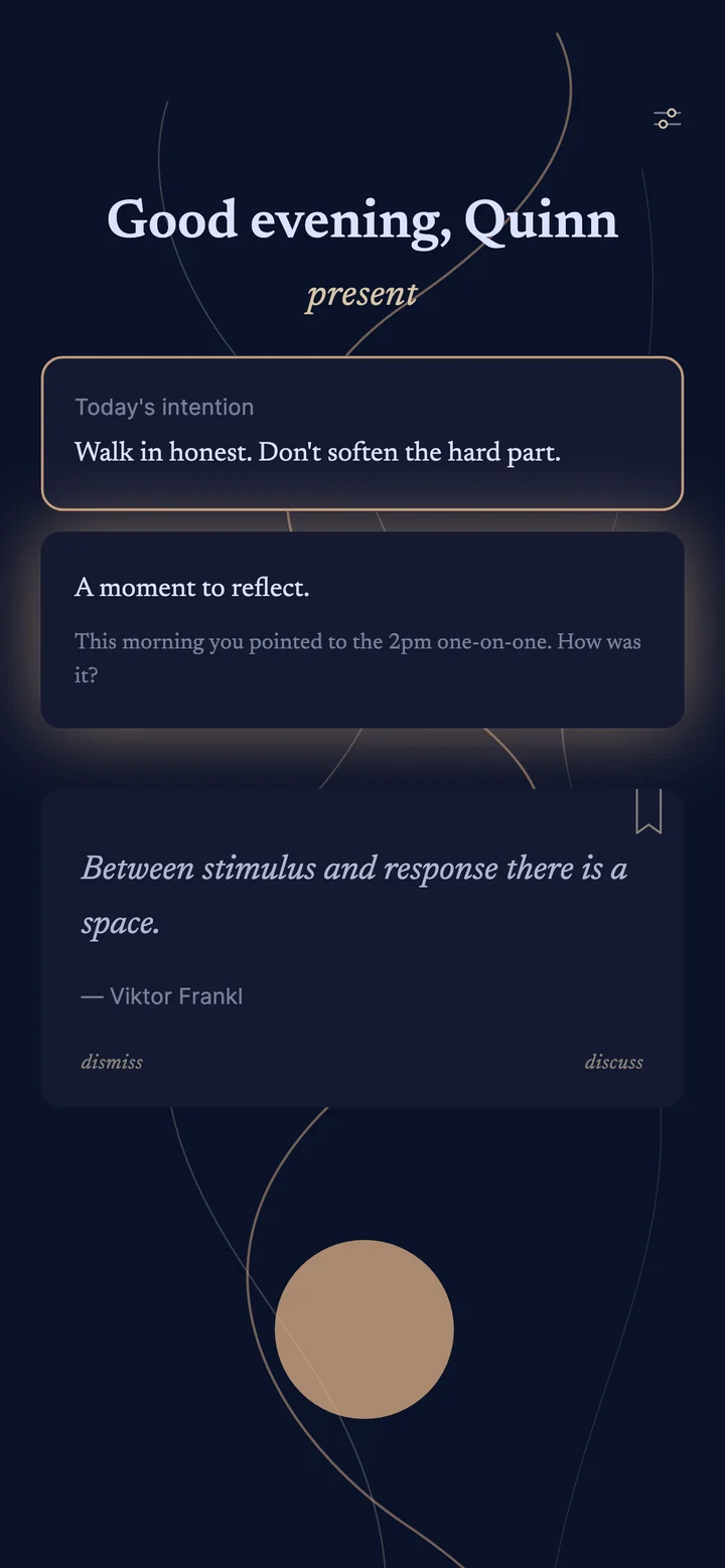 The Tether home screen in the evening, showing today's intention and a card asking how the 2pm one-on-one went.