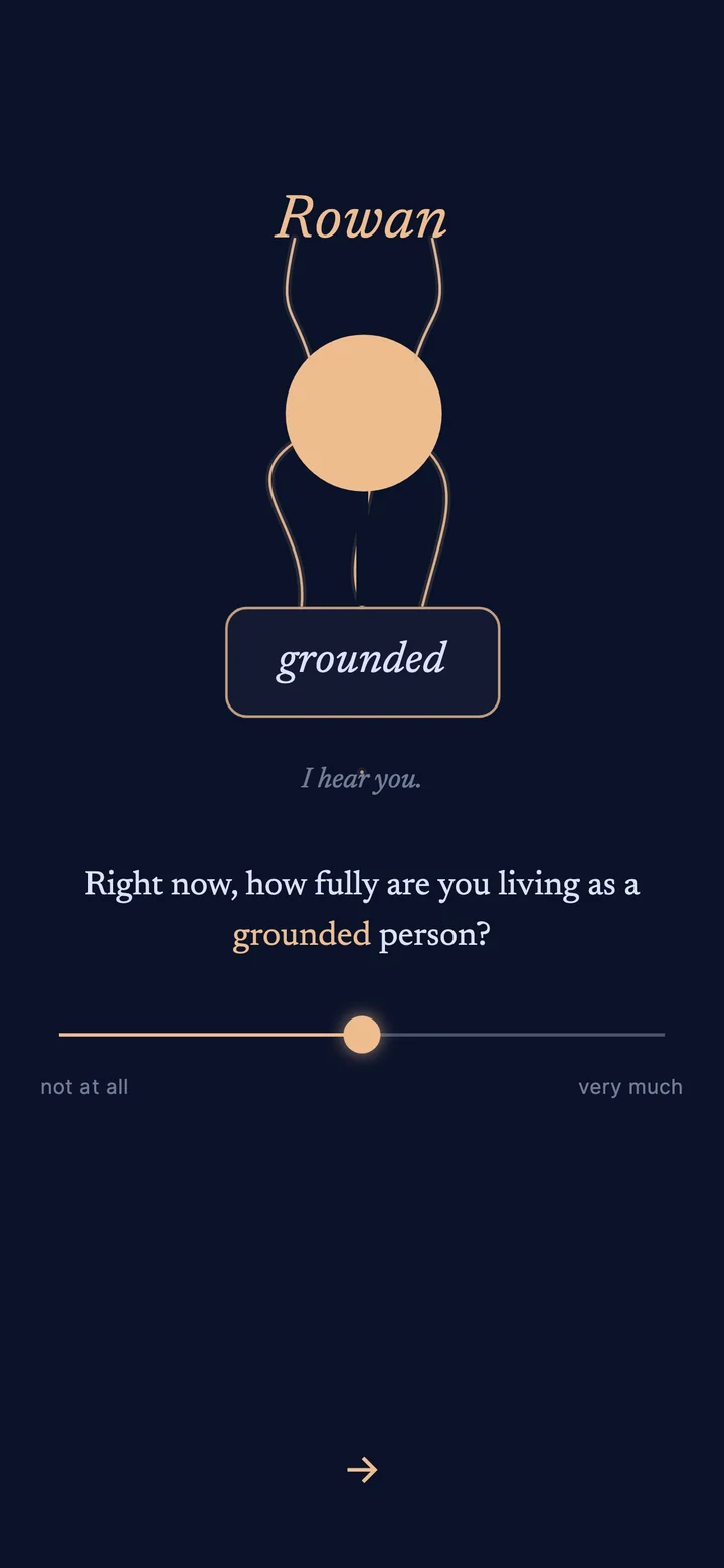 The Tether app asking how fully you are living as a grounded person, with a slider from not at all to very much.